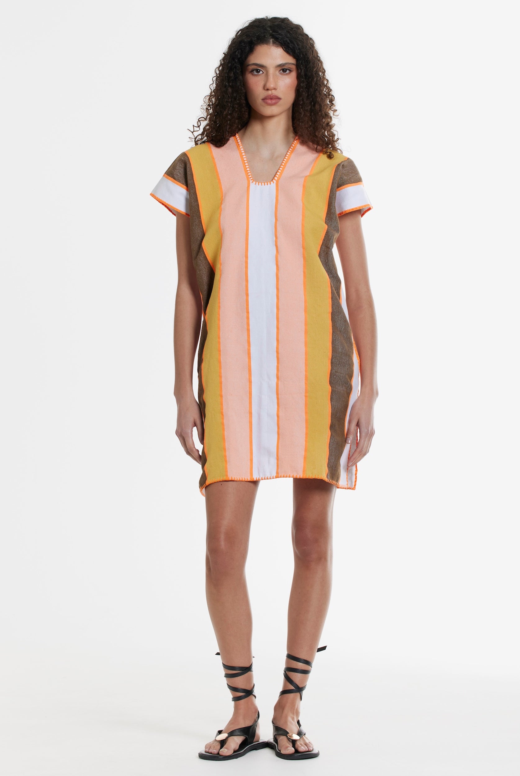 Ahida Correale Número 12 Mini kaftan in coral / amber / cocoa — handwoven cotton by artisans in San Juan Colorado, Oaxaca