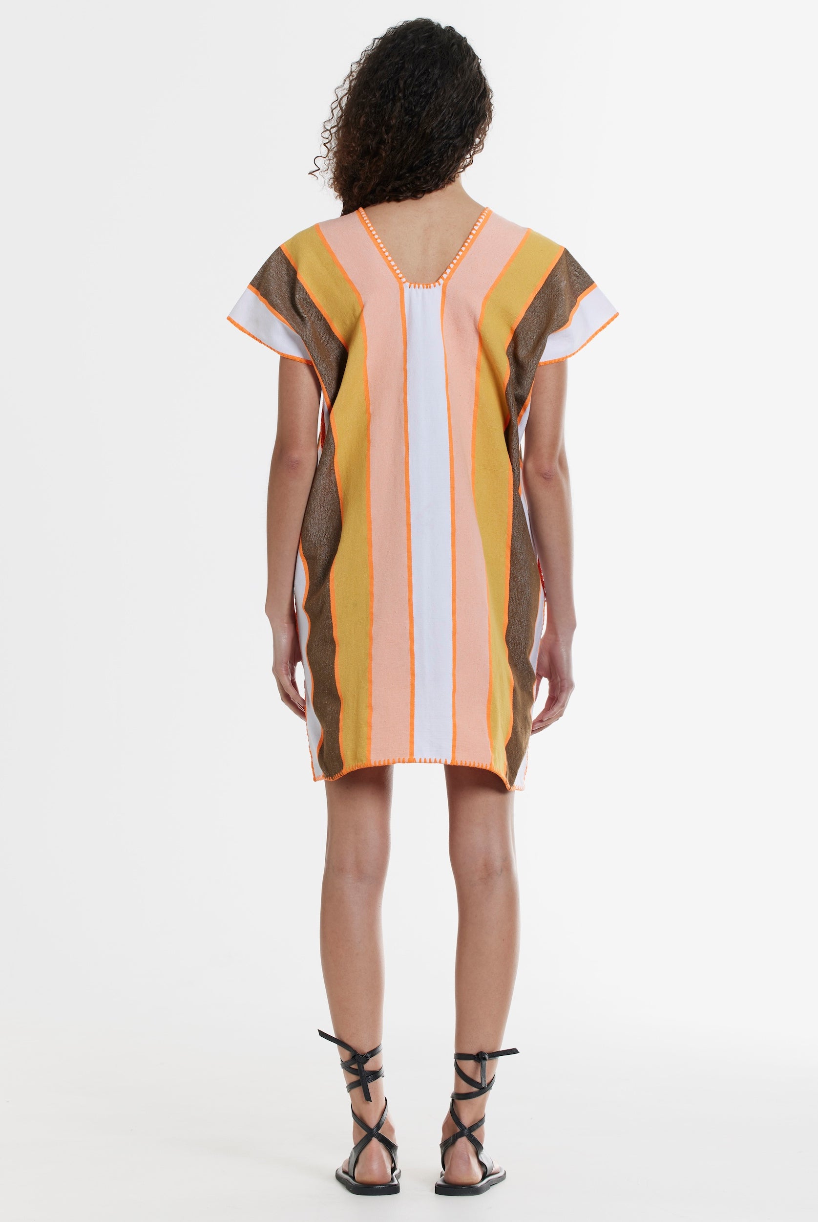 Ahida Correale Número 12 Mini kaftan in coral / amber / cocoa — handwoven cotton by artisans in San Juan Colorado, Oaxaca