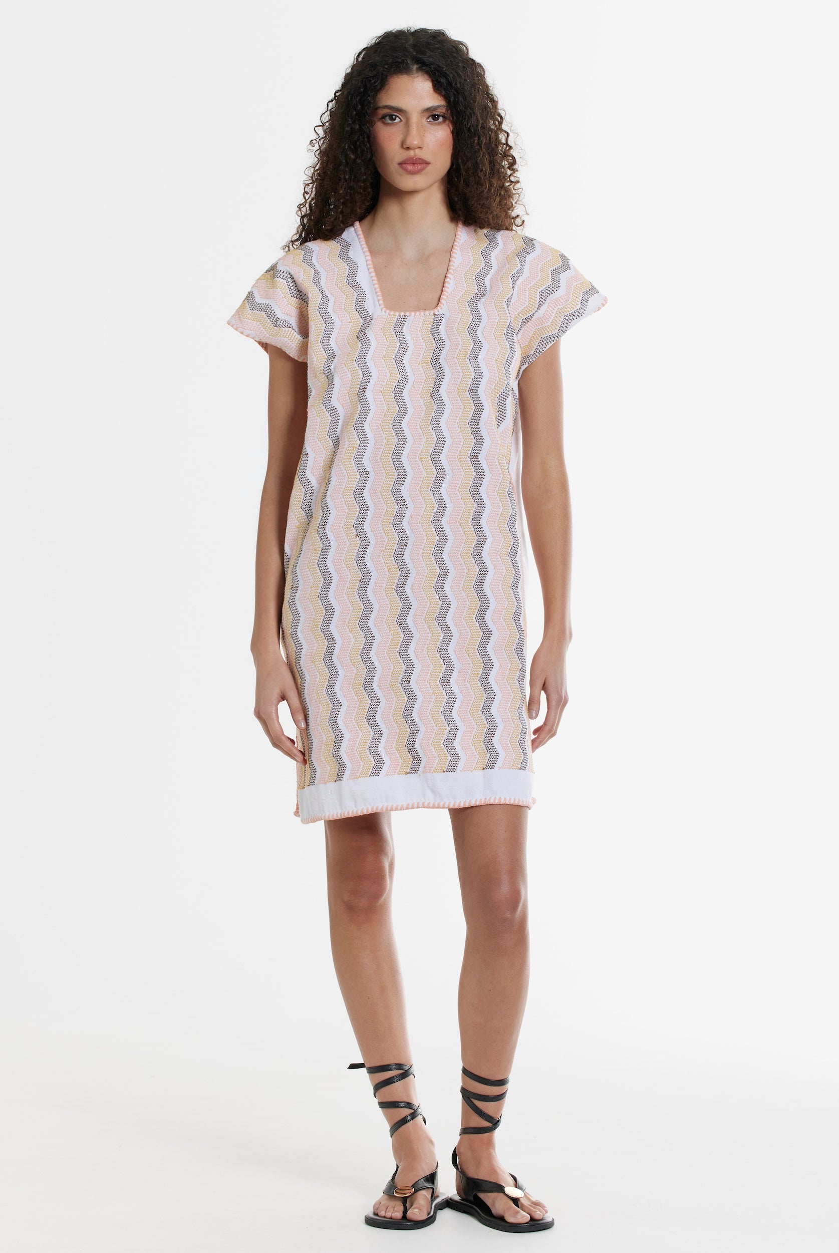 Ahida Correale Número 11 Mini kaftan in sorbet / stone — handwoven cotton by artisans in San Juan Colorado, Oaxaca