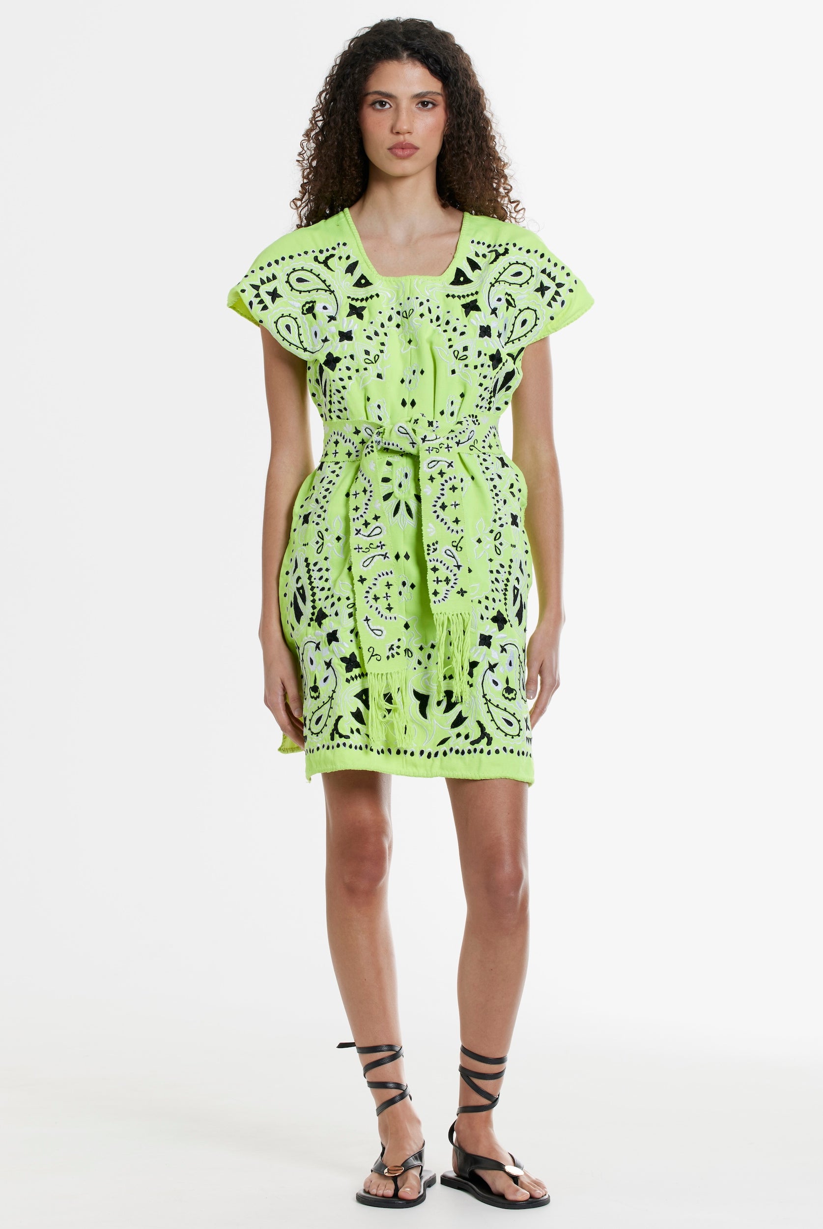 Ahida Correale Número 5 Mini kaftan in Neon Green — handwoven cotton by artisans in San Juan Colorado, Oaxaca