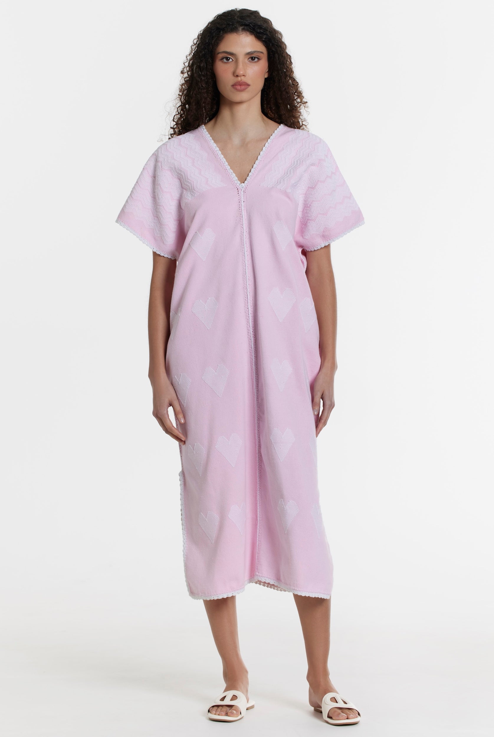 Ahida Correale Número 32 Midi kaftan in rose / ivory — handwoven cotton by artisans in San Juan Colorado, Oaxaca