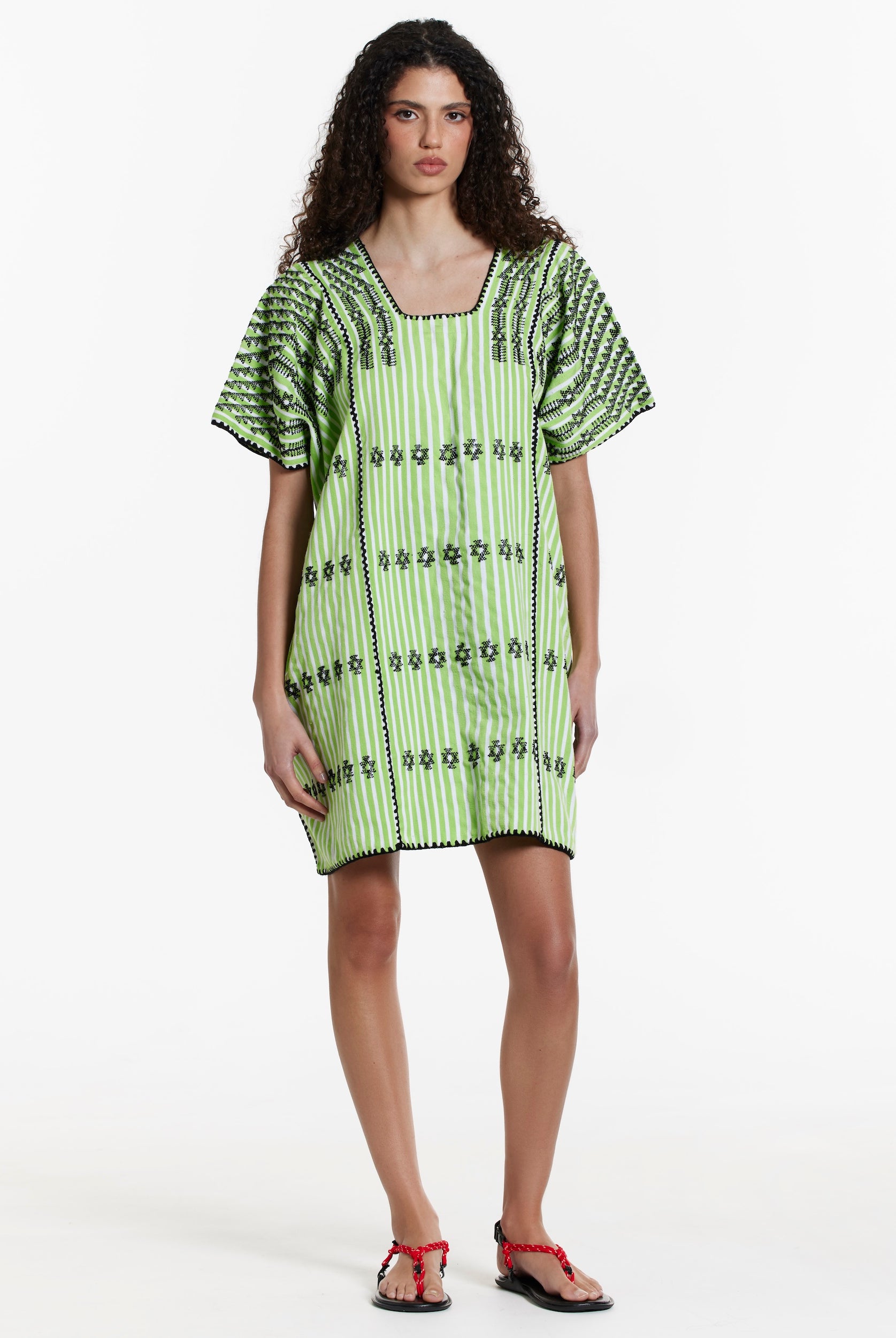 Ahida Correale Número 14 Mini kaftan in chartreuse / black — handwoven cotton by artisans in San Juan Colorado, Oaxaca