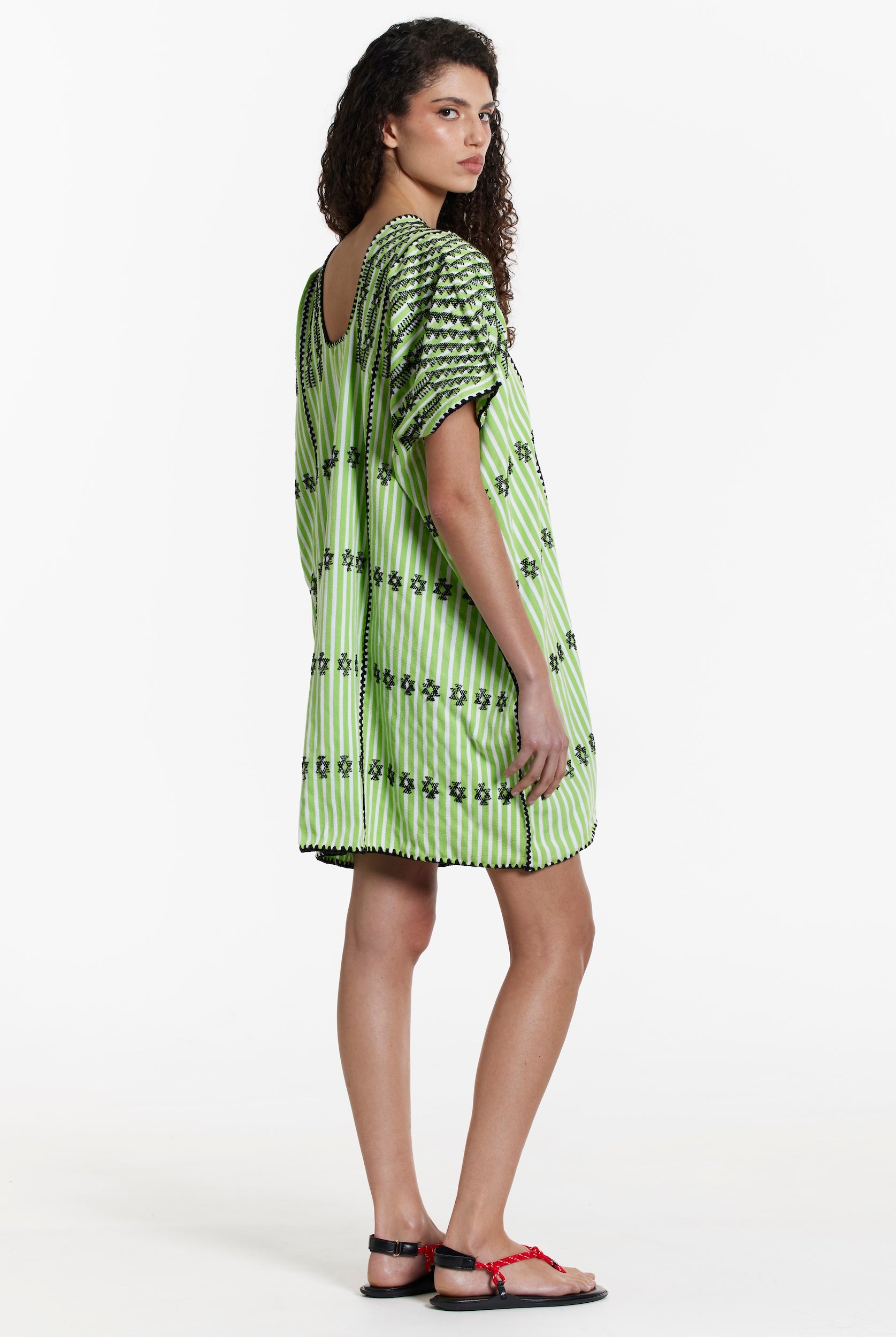 Ahida Correale Número 14 Mini kaftan in chartreuse / black — handwoven cotton by artisans in San Juan Colorado, Oaxaca