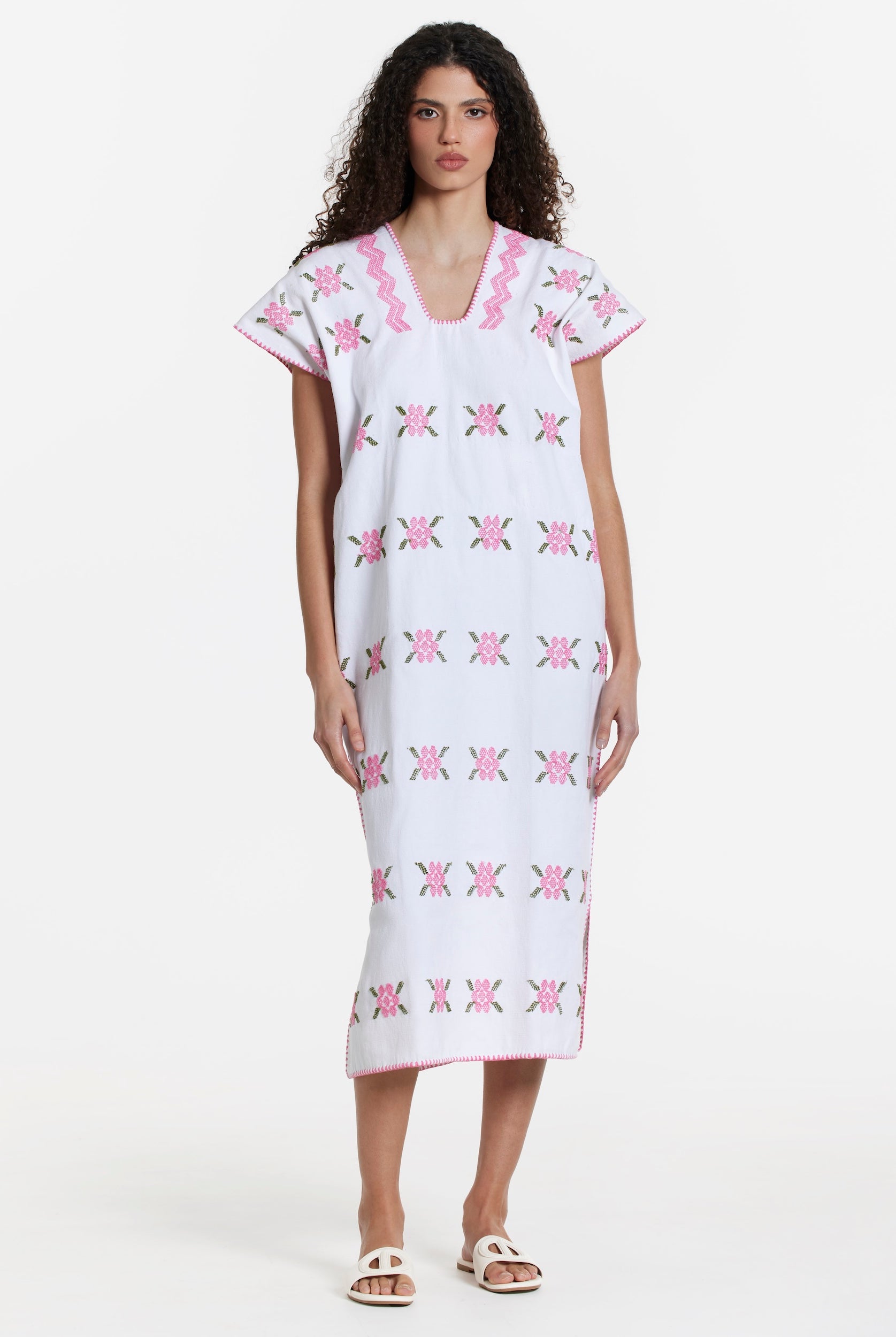 Ahida Correale Número 30 Midi kaftan in pink / multi — handwoven cotton by artisans in San Juan Colorado, Oaxaca