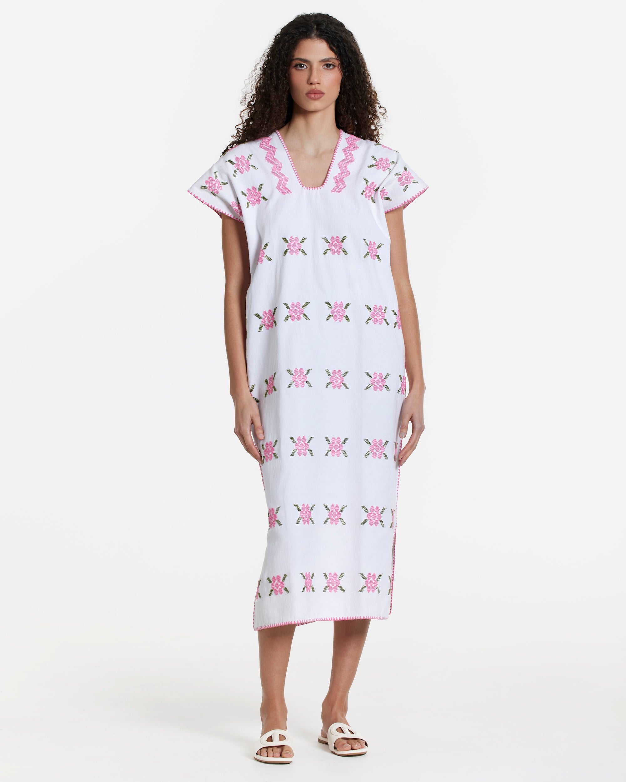 Ahida Correale Número 30 Midi kaftan in pink / multi — handwoven cotton by artisans in San Juan Colorado, Oaxaca