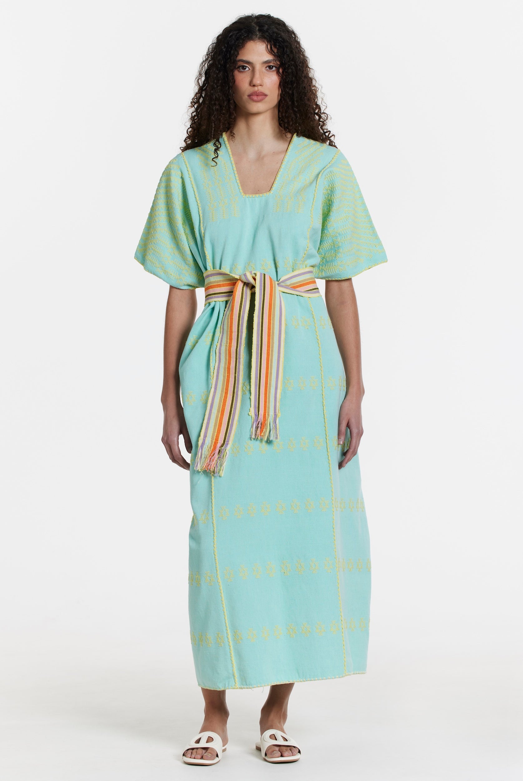 Ahida Correale Número 50 Maxi kaftan in aqua / citron — handwoven cotton by artisans in San Juan Colorado, Oaxaca