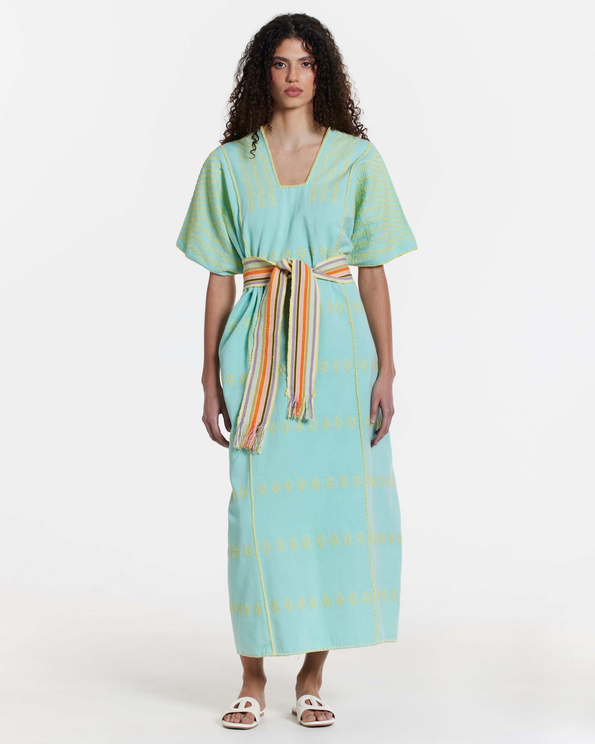 Ahida Correale Número 50 Maxi kaftan in aqua / citron — handwoven cotton by artisans in San Juan Colorado, Oaxaca