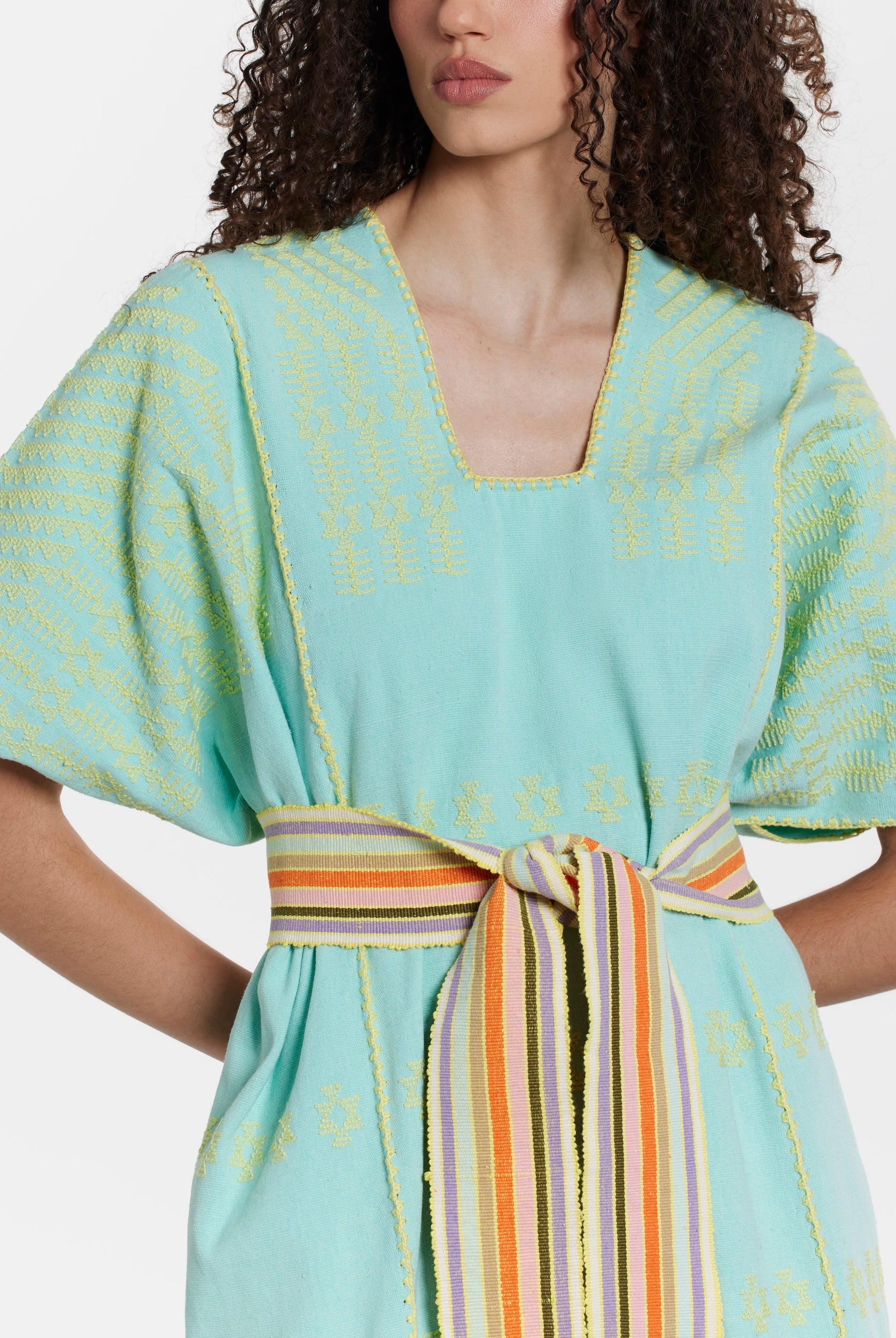 Ahida Correale Número 50 Maxi kaftan in aqua / citron — handwoven cotton by artisans in San Juan Colorado, Oaxaca