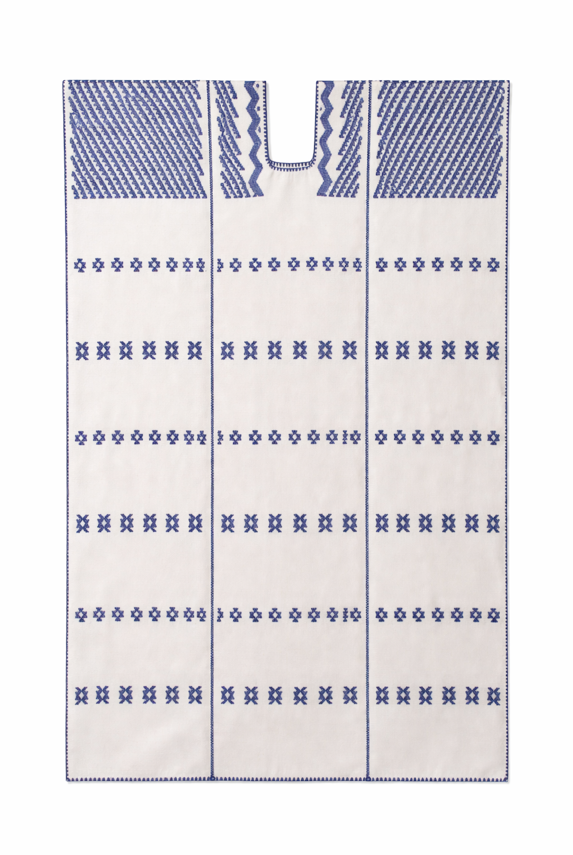 Ahida Correale Número 48 Maxi kaftan in Ivory & Indigo — handwoven cotton by artisans in San Juan Colorado, Oaxaca