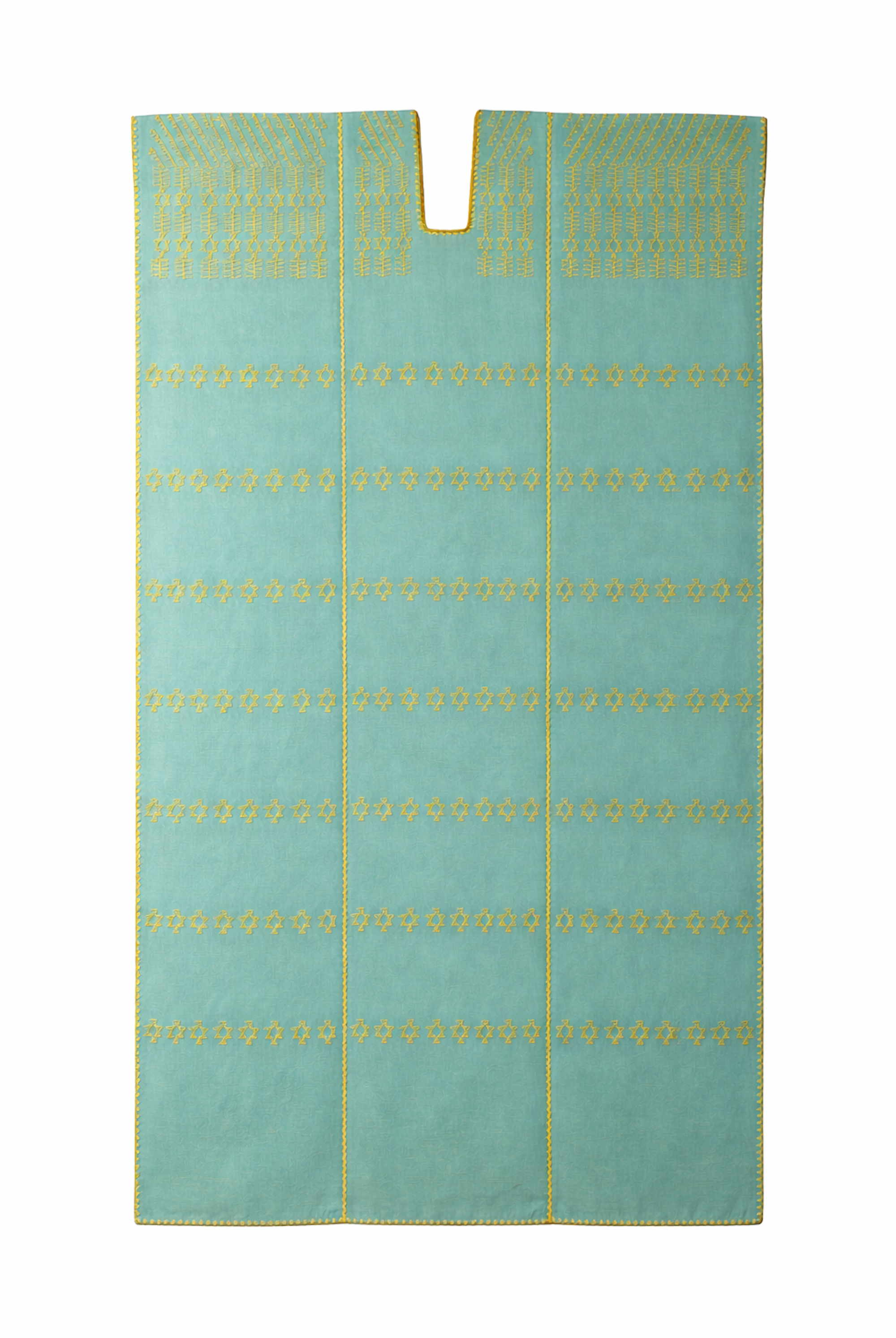 Ahida Correale Número 50 Maxi kaftan in aqua / citron — handwoven cotton by artisans in San Juan Colorado, Oaxaca