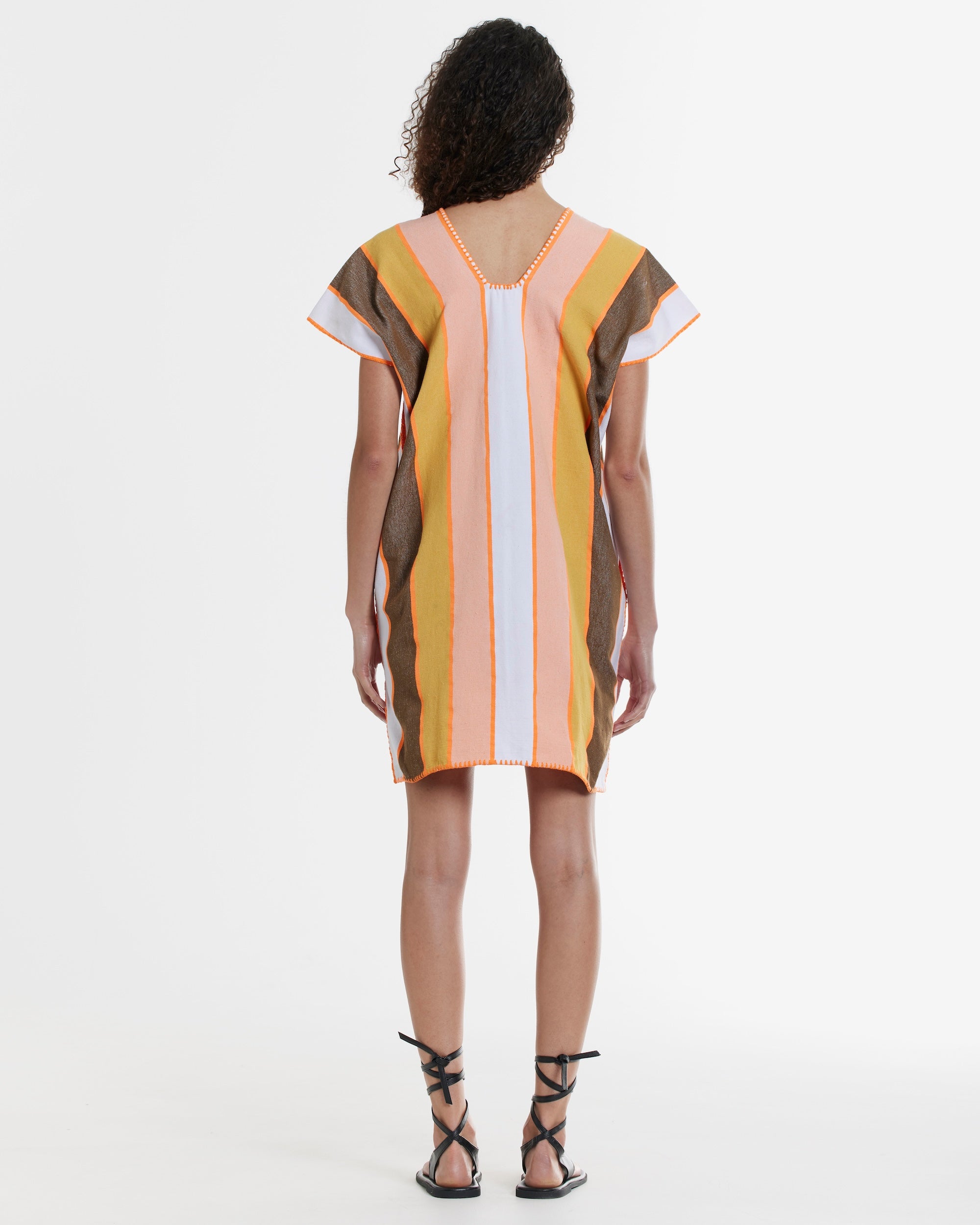 Ahida Correale Número 12 Mini kaftan in coral / amber / cocoa — handwoven cotton by artisans in San Juan Colorado, Oaxaca