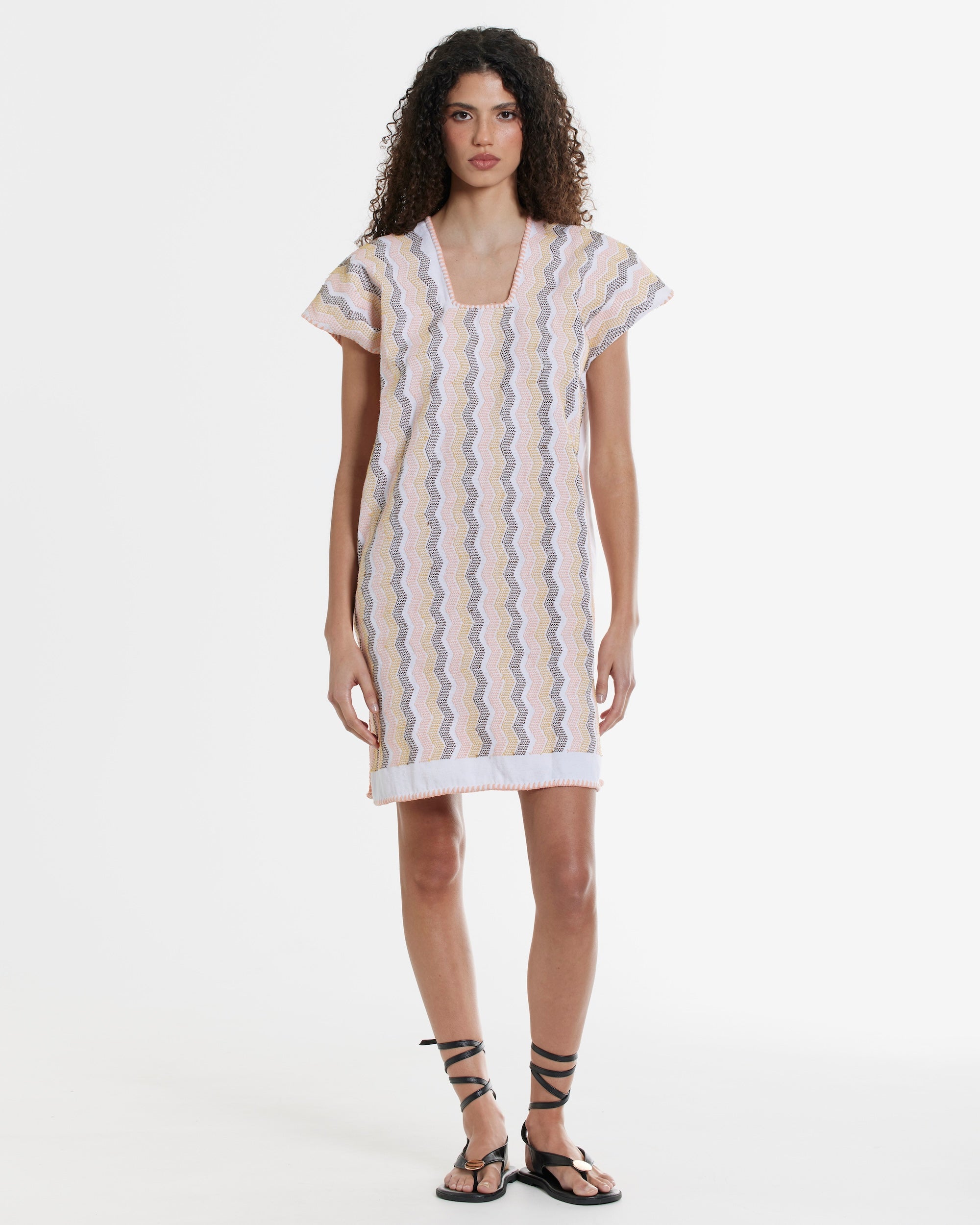 Ahida Correale Número 11 Mini kaftan in sorbet / stone — handwoven cotton by artisans in San Juan Colorado, Oaxaca