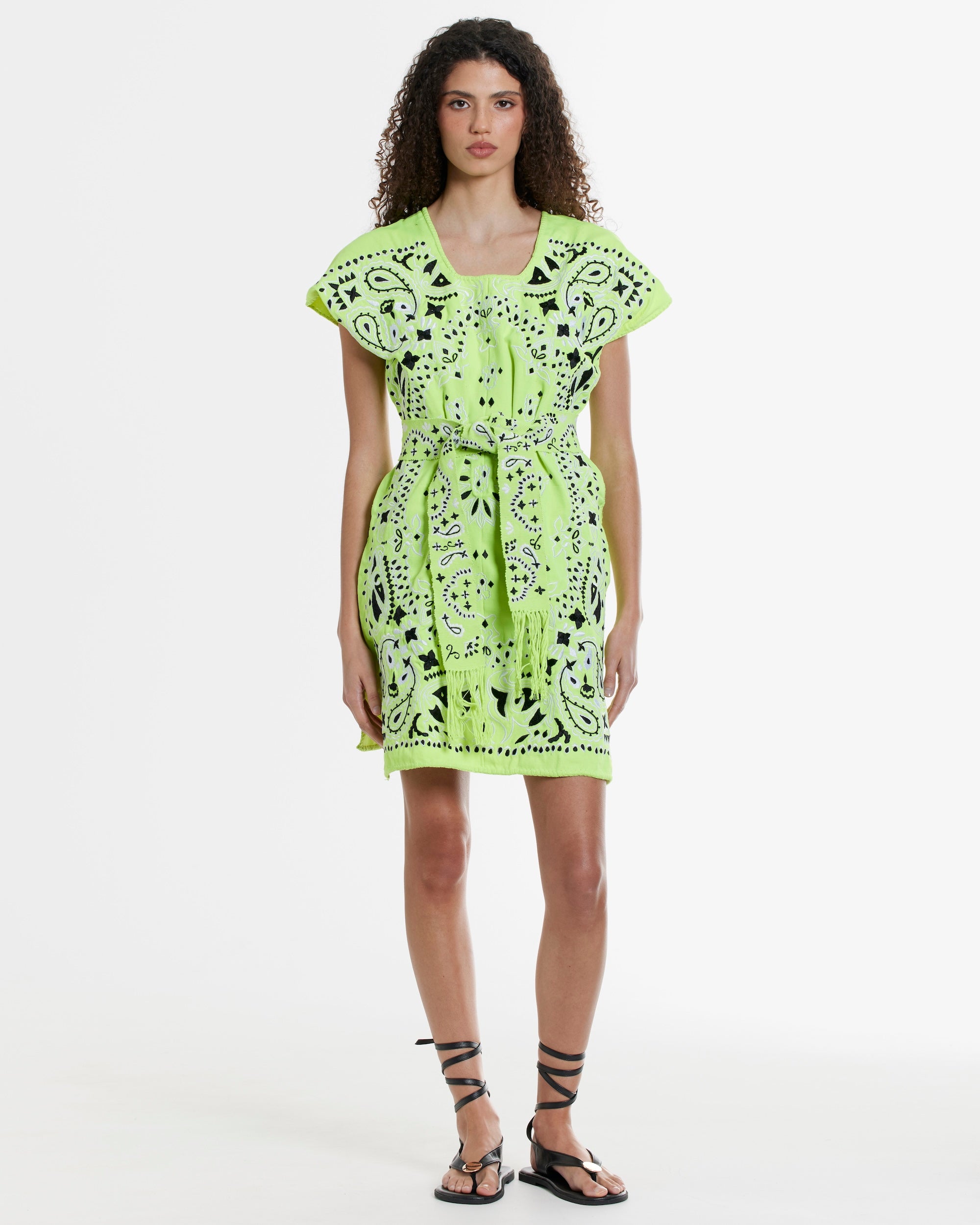 Ahida Correale Número 5 Mini kaftan in Neon Green — handwoven cotton by artisans in San Juan Colorado, Oaxaca
