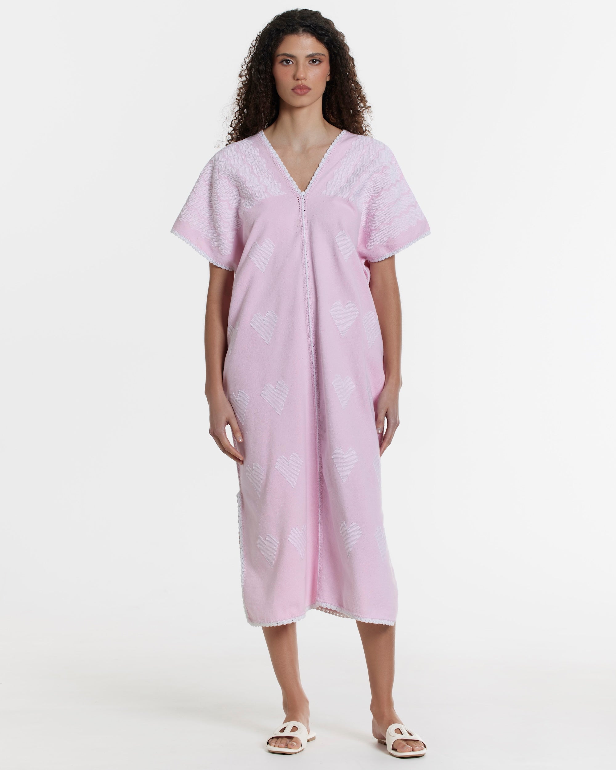 Ahida Correale Número 32 Midi kaftan in rose / ivory — handwoven cotton by artisans in San Juan Colorado, Oaxaca