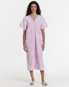 Ahida Correale Número 32 Midi kaftan in rose / ivory — handwoven cotton by artisans in San Juan Colorado, Oaxaca