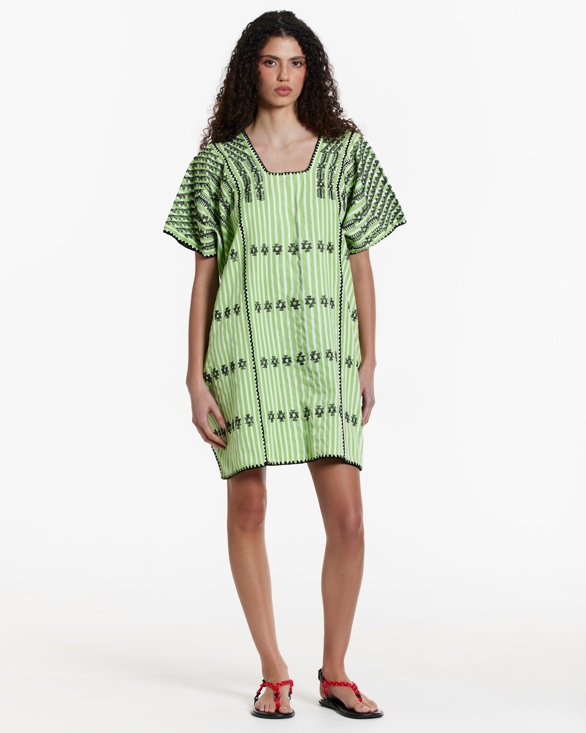 Ahida Correale Número 14 Mini kaftan in chartreuse / black — handwoven cotton by artisans in San Juan Colorado, Oaxaca