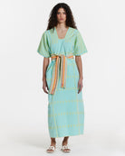 Ahida Correale Número 50 Maxi kaftan in aqua / citron — handwoven cotton by artisans in San Juan Colorado, Oaxaca