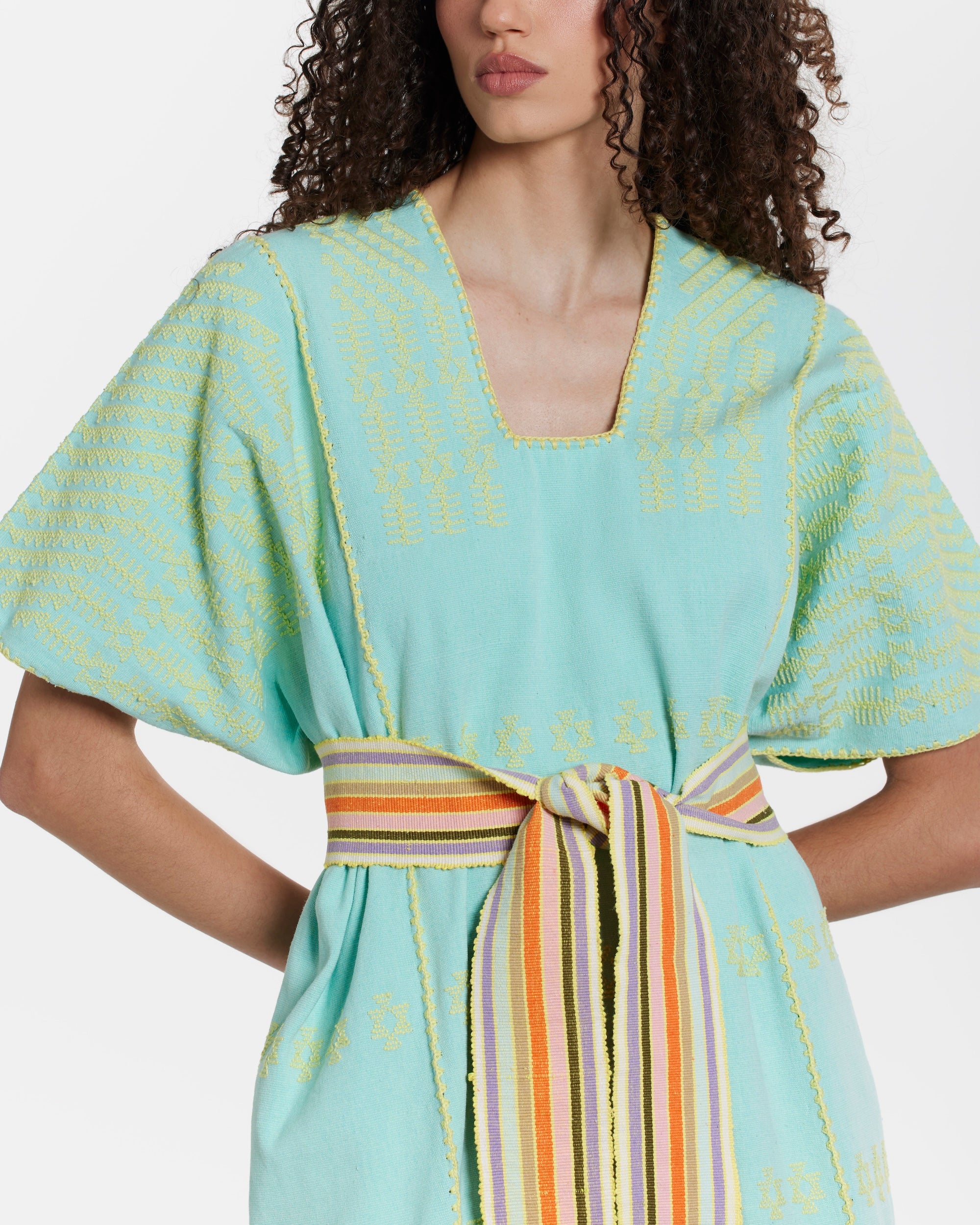 Ahida Correale Número 50 Maxi kaftan in aqua / citron — handwoven cotton by artisans in San Juan Colorado, Oaxaca