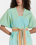 Ahida Correale Número 50 Maxi kaftan in aqua / citron — handwoven cotton by artisans in San Juan Colorado, Oaxaca
