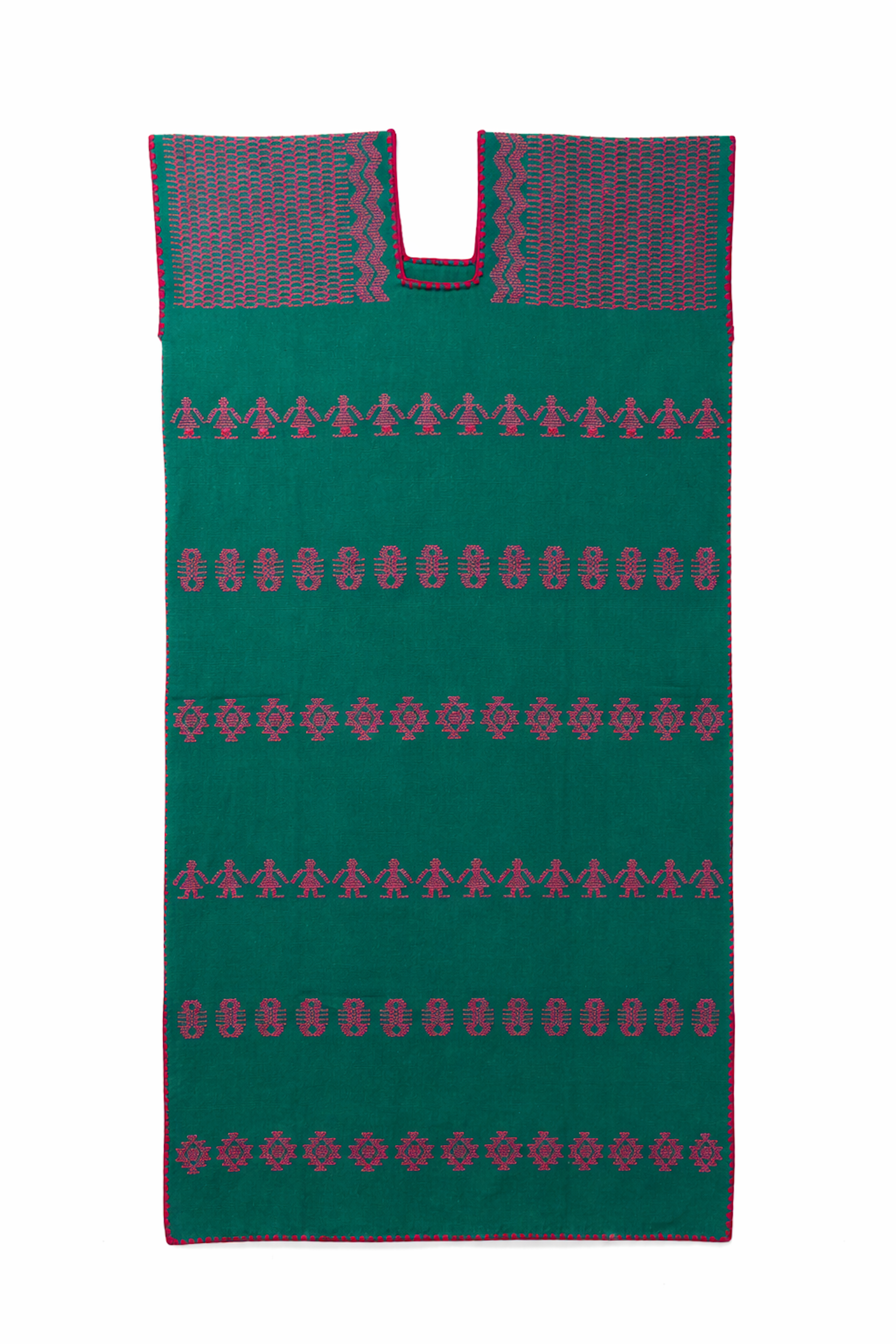 Ahida Correale Número 41 Maxi kaftan in Emerald & Pink — handwoven cotton by artisans in San Juan Colorado, Oaxaca