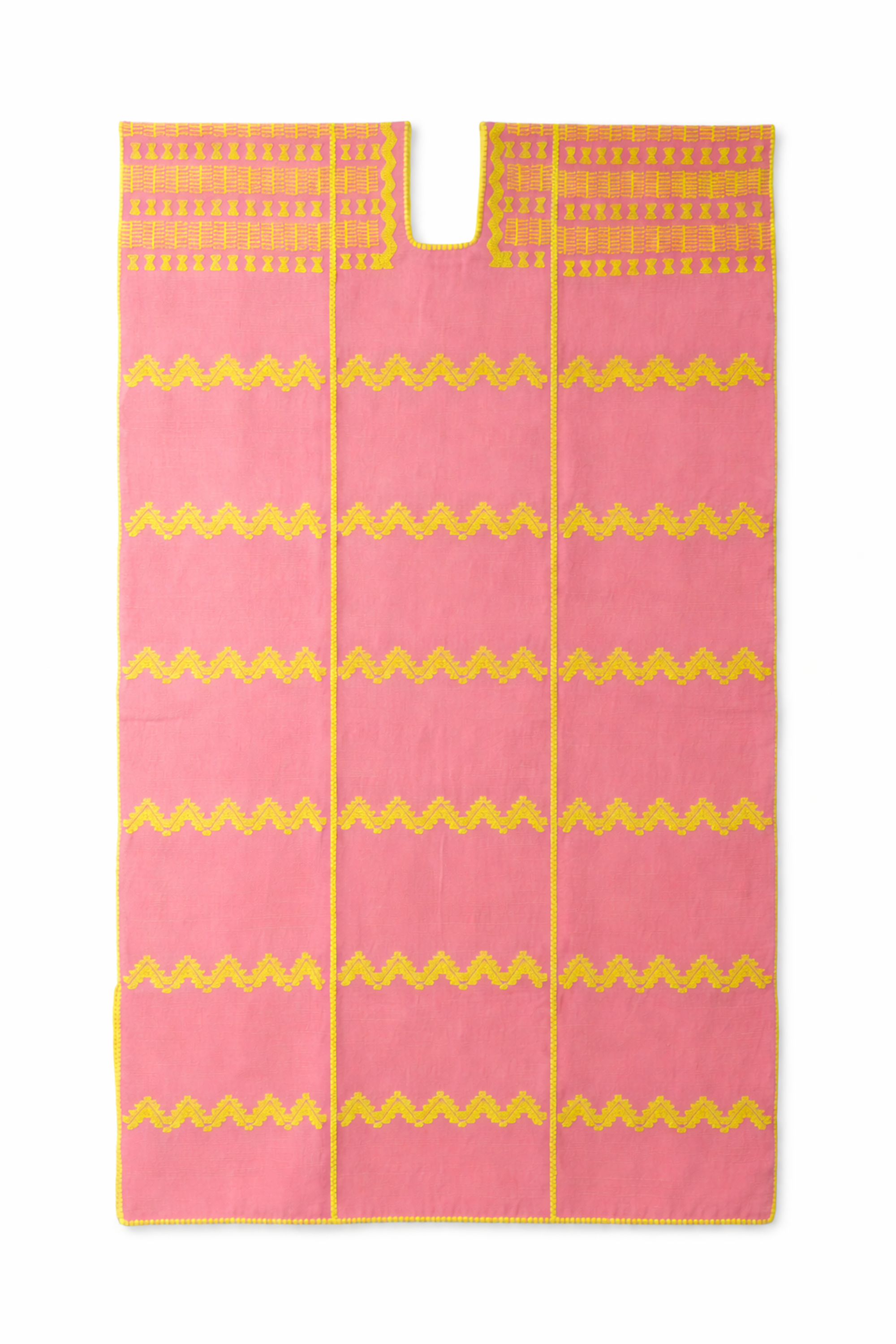 Ahida Correale Número 44 Maxi kaftan in Coral & Yellow — handwoven cotton by artisans in San Juan Colorado, Oaxaca